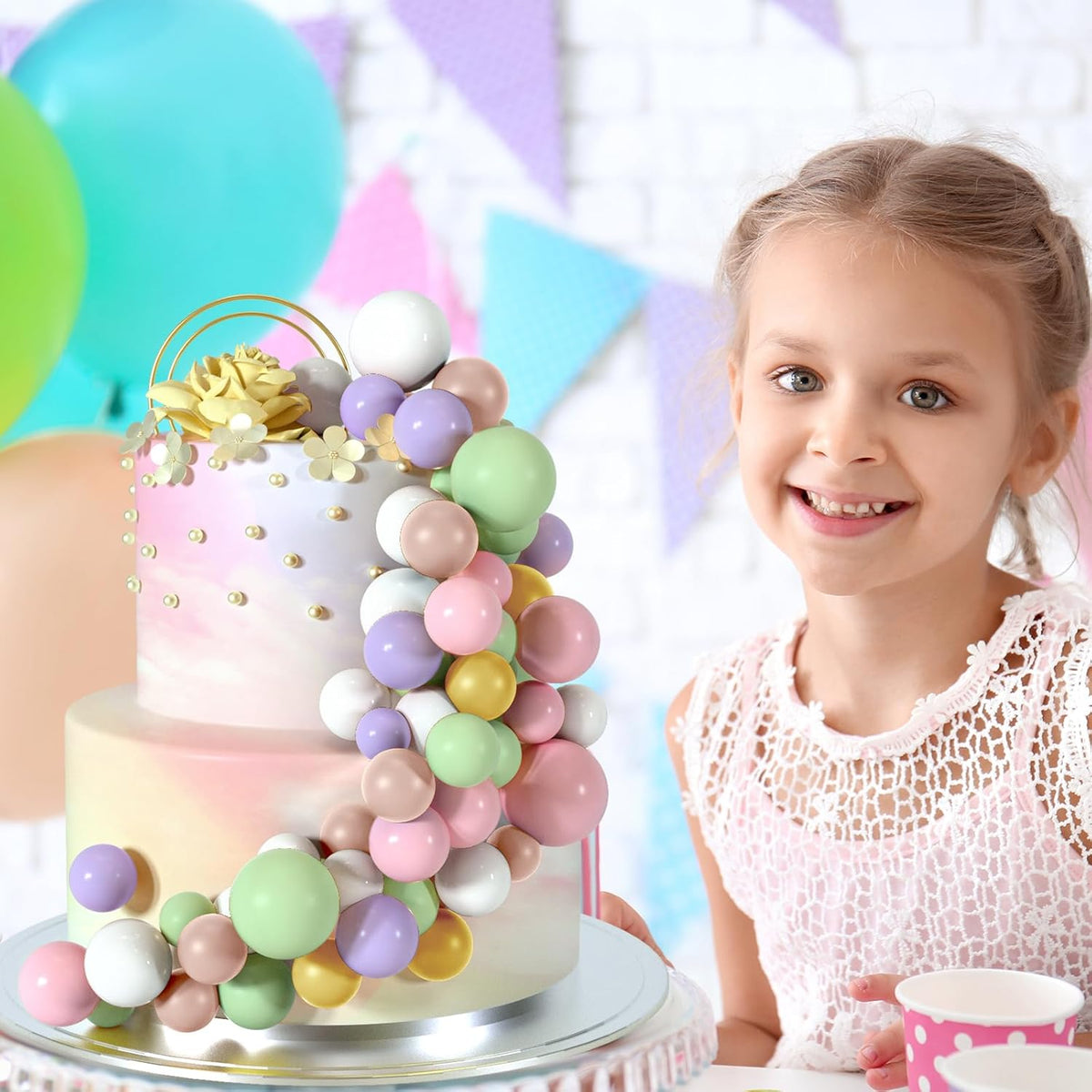 48 Pcs Balls Cake Topper Decorations Balloon Cupcake Toppers Foam Cake Topper Balls Cake Balls Decorations for Birthday Party Wedding Cake Decorating(Pink,Green,Yellow,Purple,Brown,White)