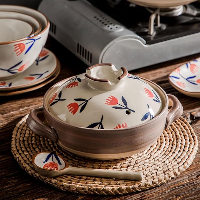 Ceramic Casserole, Japanese Clay Pot Donabe Stone Rice Pot With Lid, Earthen Pot Stockpot Ceramic Casserole Cooker Healthy Cookware Stove Pot Soup Hot Pot(Color:C)