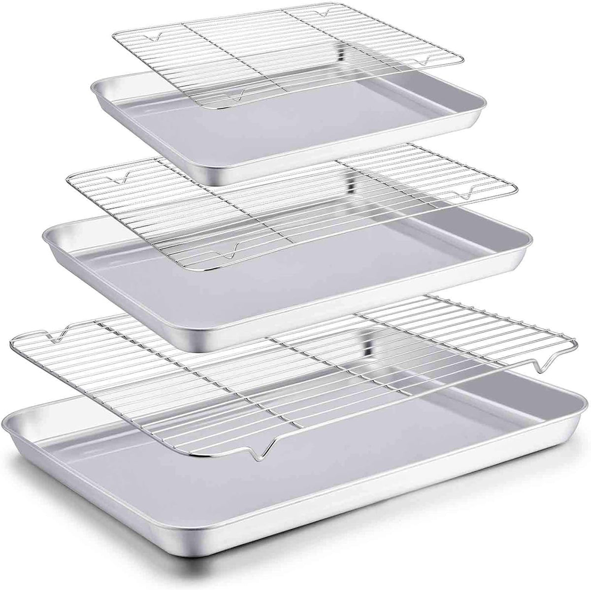 TeamFar Baking Sheet with Rack Set, 20’’ & 16’’ & 12½’’, Stainless Steel Cookie Sheet Baking Pans with Cooling Roasting Racks, Non Toxic & Rust Free, Mirror Finish & Dishwasher Safe - 6 Pieces