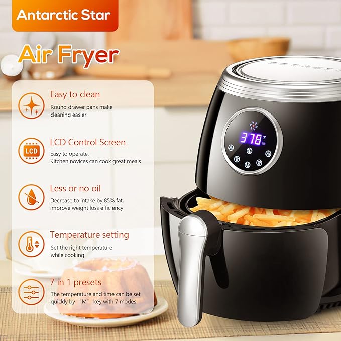 Antarctic Star Air Fryer,6 Quart (5.6 Liter) Electric Hot Air Fryers with LCD Control, Auto Shutoff & Nonstick Basket, Large Family Size with Oilless Cooker for Roasting/Baking/Grilling 1700W