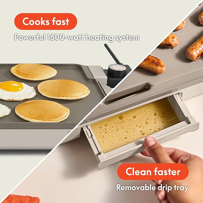 bella 10" x 20" Electric Griddle with EverGood™ Ceramic Nonstick Coating, Removable Temperature Probe, Dishwasher-Safe Drip Tray & Cool Touch Handles, Cook up to 10 Eggs, 1500 Watt, Oatmilk