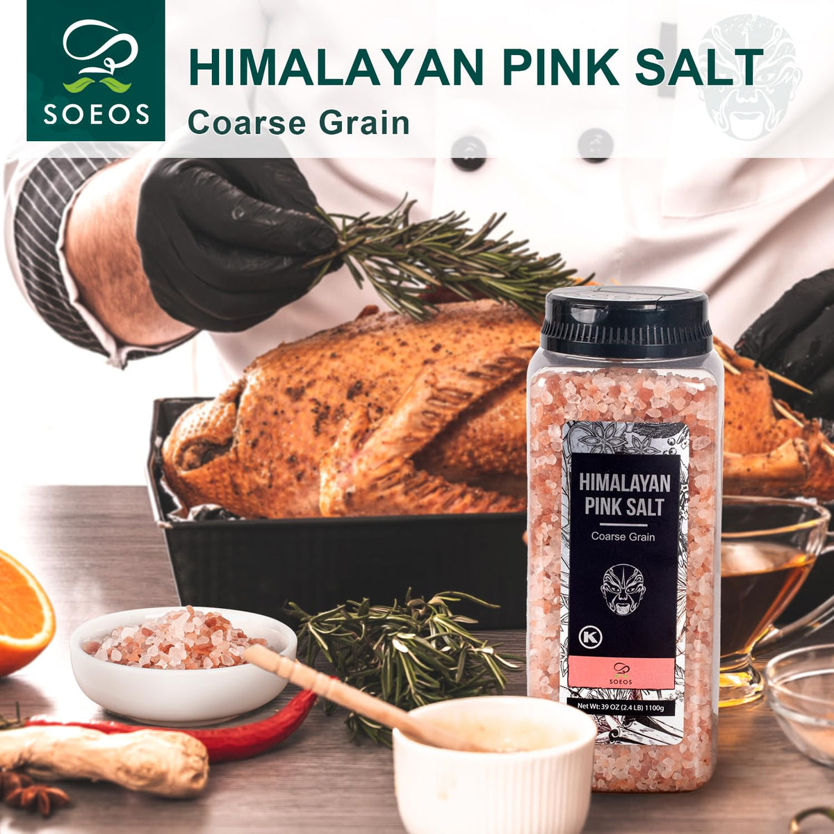 Soeos Himalayan Salt, Coarse Grain, 39Oz (2.4 Pound), Non-GMO Himalayan Pink Salt, Kosher Salt, Sea Salt for Grinder Refill