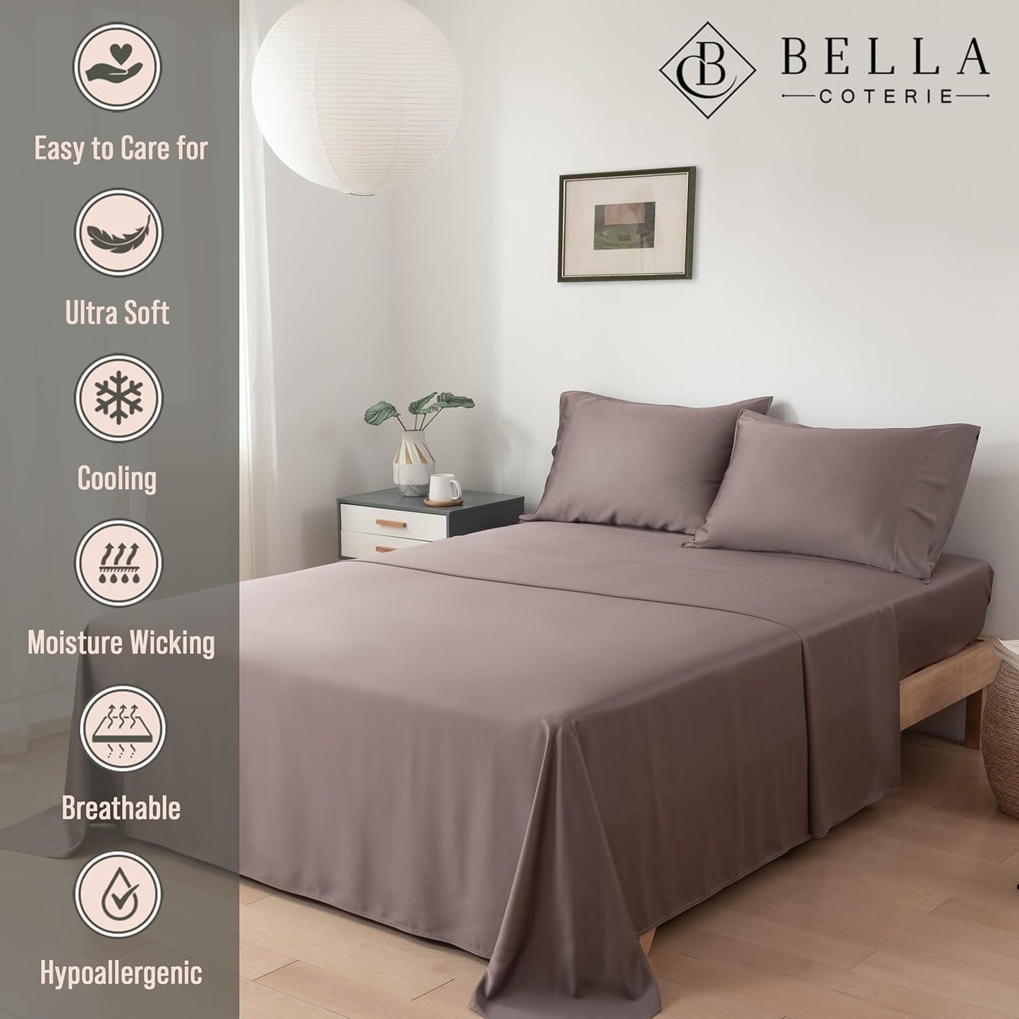 Bella Coterie Luxury Bamboo Viscose King Size Sheet Set | 100% Organically Grown | Ultra Soft | Cooling for Hot Sleepers | 18" Deep Pocket [Mocha]