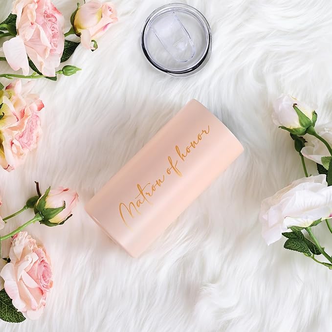 Bridesmaid Gifts Matron of Honor Cups Bridesmaid Proposal Gifts Wedding Bachelorette Party Favors Stainless Steel Insulated Skinny Tumbler with Lid and Straw 15 OZ Pink
