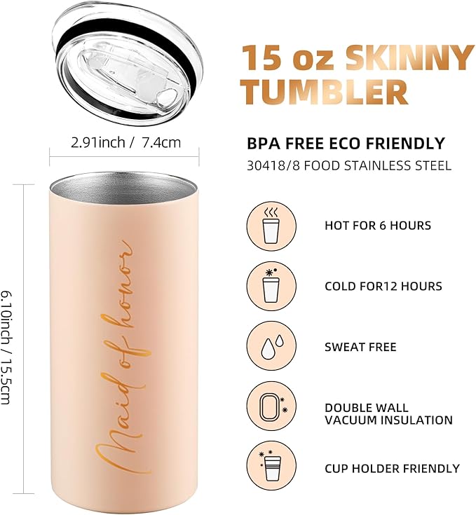 Maid of Honor Gifts Bridesmaid Proposal Gifts Maid of Honor Cups Wedding Bachelorette Party Favors Bridal Shower Stainless Steel Skinny Tumbler with Lid and Straw 15 OZ Pink