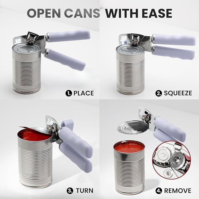 Zulay Kitchen Heavy Duty Stainless Steel Can Opener Manual with Bottle Opener - Rust Proof Manual Can Opener With Turn Knob & Comfy Soft Grip Handles - Light Lilac