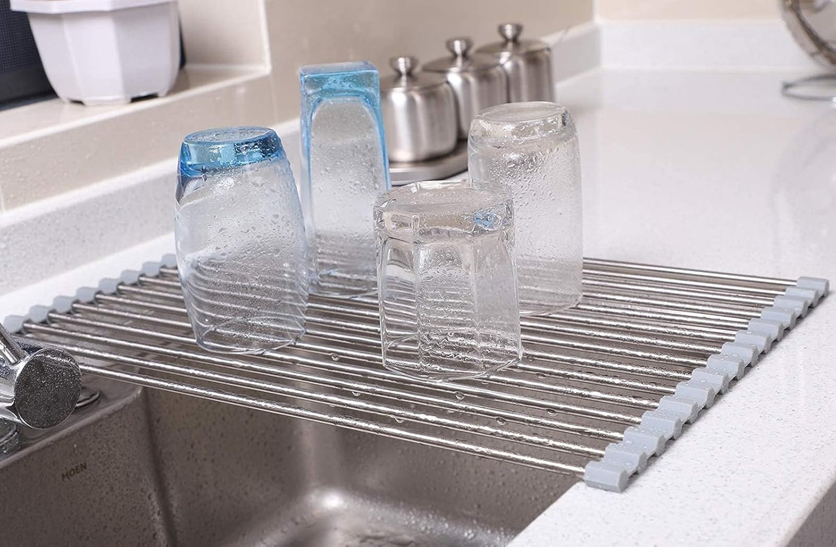 Ahyuan Roll up Dish Drying Rack Over The Sink Kitchen Roll up Sink Drying Rack Portable Dish Drainer Foldable Dish Drying Rack (Warm Gray, 17.8''X11.8'')