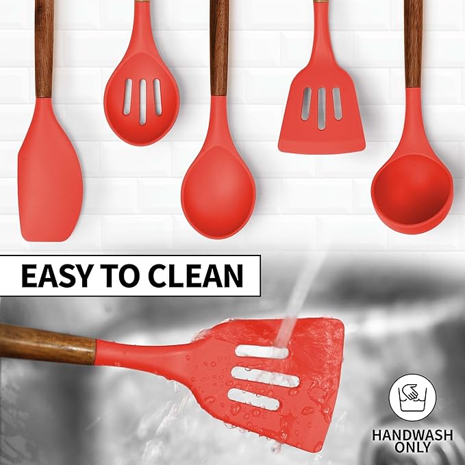 Zulay Kitchen Utensils Set Non-Stick Silicone Cooking Utensils Set with Authentic Acacia Wood Handles - 5 Piece Silicone Utensil Set - Kitchen Utensils Set with 464°F Heat Resistance - Red