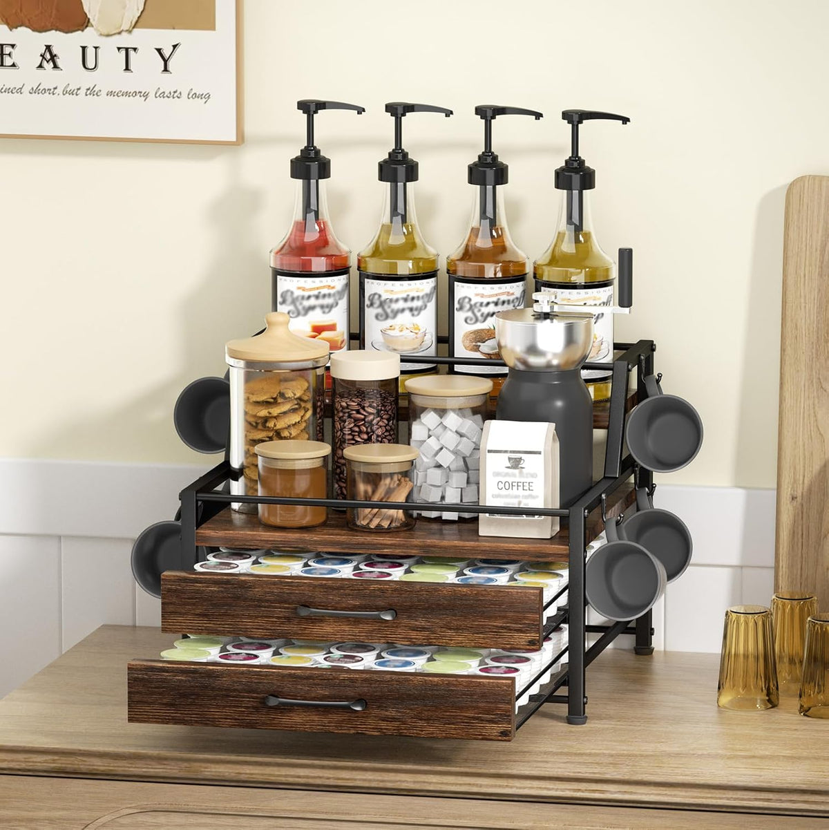 Coffee Syrup Rack Organizer - 4-Tier 8 Syrup Wine Bottles Stand with 82 Storage Drawer for K Cups, Coffee Pod Holder for Countertop, Bar Station, Kitchen, Rustic Brown