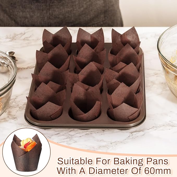 Motiskyy 300 Pcs Jumbo Muffin Liners for Baking 2-1/4" x 4" Large Tulip Cupcake Liners Greaseproof Cupcake Wrapper Paper for Weddings Birthday Christmas Anniversaries Party (Brown)