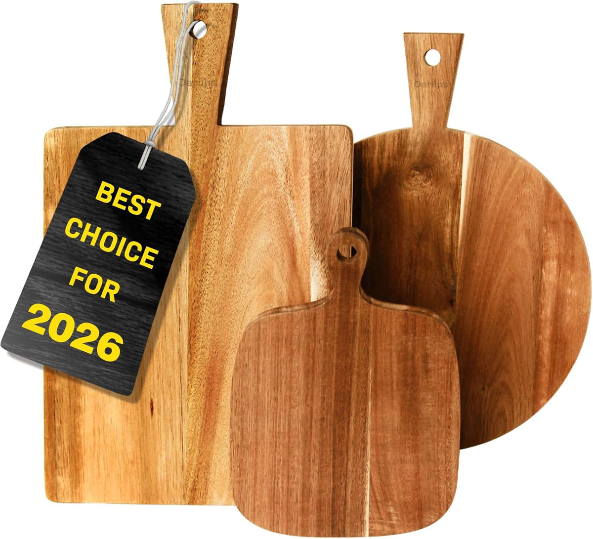 Acacia Wood Cutting Board Set of 3 with Handles – Round, Rectangular & Paddle Charcuterie Boards for Cheese, Meat, Pizza, Bread & Fruits