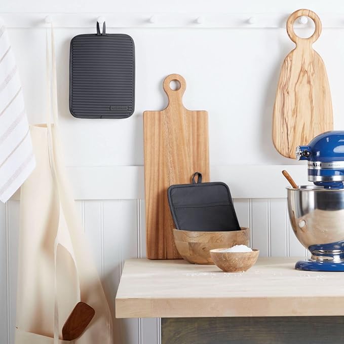 KitchenAid Ribbed Soft Silicone Pot Holder Set, Charcoal Grey 7"x9" & Beacon Two-Tone Non-Slip Oven Mitt Set, Contour Silver/Onyx Black, 5.75"x13", 2 Piece