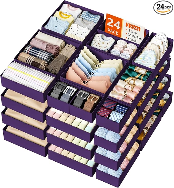 DIMJ Drawer Organizer Clothes - 24 Pack Closet Drawer Organizer Bins for Baby Clothes Storage, Fabric Dresser Organizer for Nursery Bedroom, Foldable Small Drawer Dividers for Underwear Socks