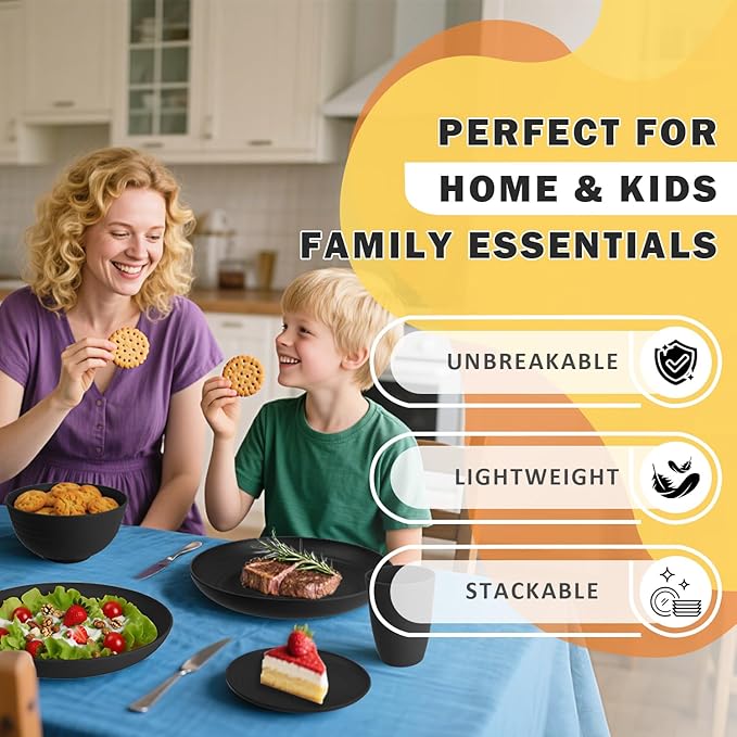 Wheat Straw Dinnerware Sets for 8, 32 PCS Unbreakable Plates and Bowls Sets, Reusable Dinnerware Set for Kitchen Outdoor and Apartment Dinning Essentials - Black