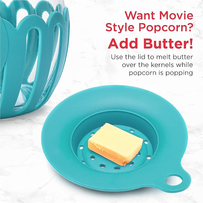 Ecolution Patented Micro-Pop Microwave Popcorn Popper with Temperature Safe Glass, 3-in-1 Lid Measures Kernels and Melts Butter, Made Without BPA, Dishwasher Safe, 3-Quart, Teal