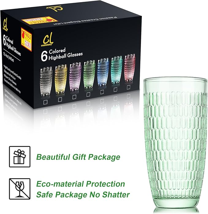 CREATIVELAND Highball Beverage Glasses Set of 6 Romantic Colored Thick & Heavy Base Big Capacity 14.87oz|440ml, Drinking Glass Tumblers for Iced Tea, Water, Soda & Juice and Cocktails