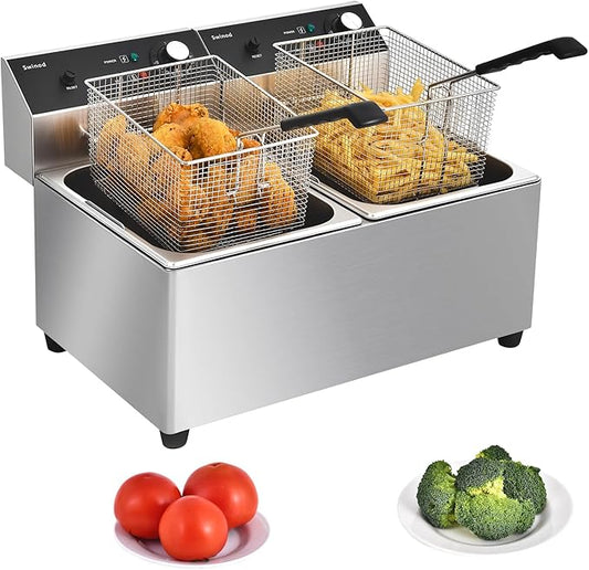 Commercial Deep Fryer with Basket, 3400w 28Qt Dual Tank 0.6mm Thickened Stainless Steel Countertop Electric Fryer for Home and Commercial Use, Oil Fryer with Double Overheat Protection