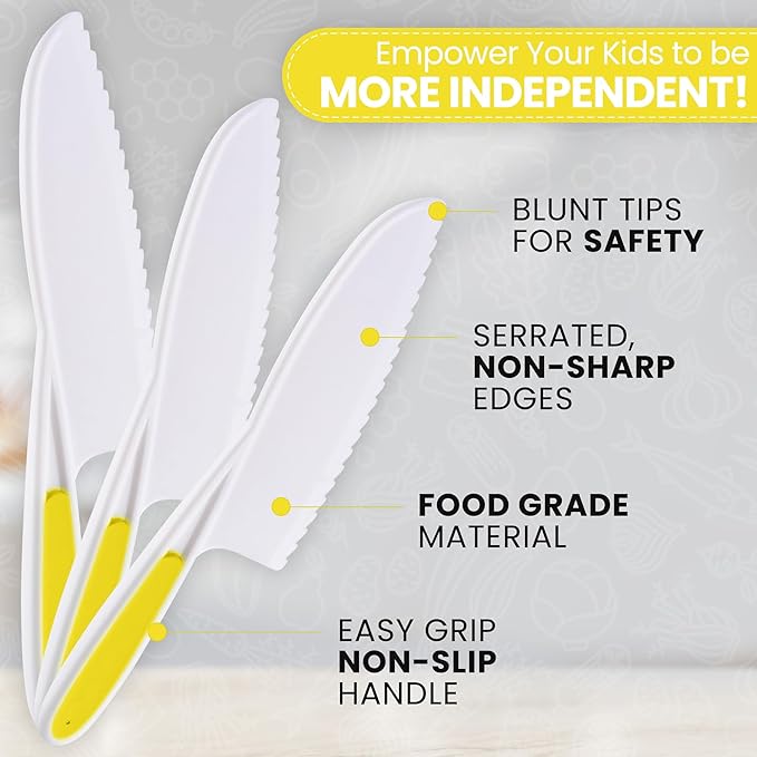 Zulay 3-Piece Kids Knife Set for Real Cooking & Baking - Toddler Knives for Cutting Fruits, Veggies, & Cake - Children’s Montessori Knife with Serrated Edges - Safe & Fun Lettuce Knife (Yellow)