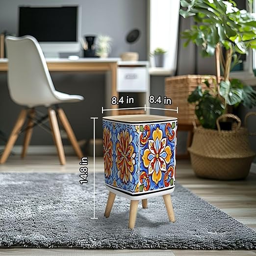 Small Trash Can with Lid Mexican talavera ceramic tile pattern Ethnic folk ornament Italian Wastebasket with Press Cover Dog Proof Garbage Can Waste Bin for Kitchen Bathroom Nursery 2.6 Gallon