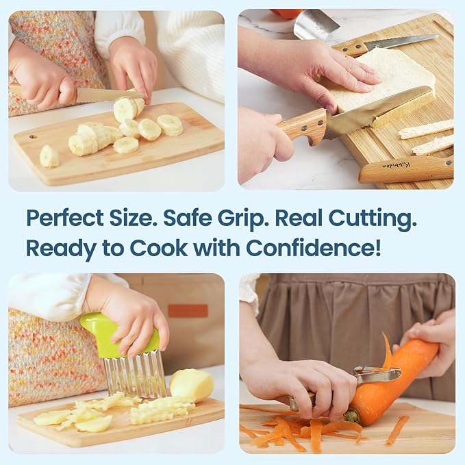 Kibbidea Kids Safe Knife set for Real Cooking, 11-Piece Kids Cutting Board & Kitchen Knife Set, BPA-free, Stainless Steel Blade, Wooden Handle, Peeler & Gloves, Serrated Child Friendly Chef Knives.