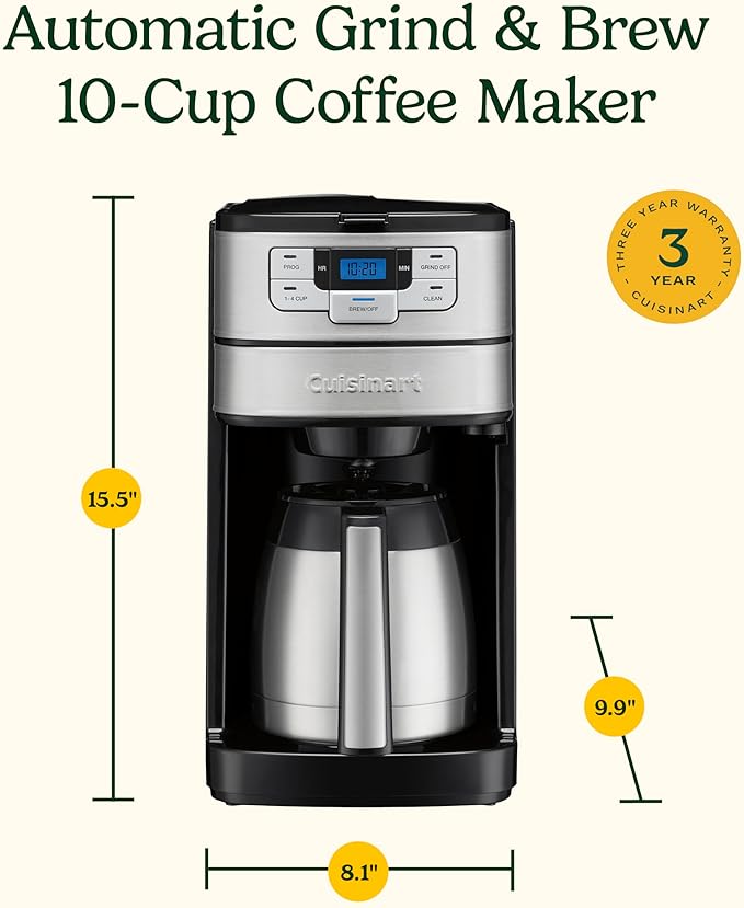 Cuisinart Automatic Grind & Brew 10-Cup Coffee Maker with Blade Grinder, Programmable Coffee Machine Glass Carafe with 1-4 Cup Setting, Brew Pause, Grind-Off Option, DGB-450NAS, Black/Stainless Steel