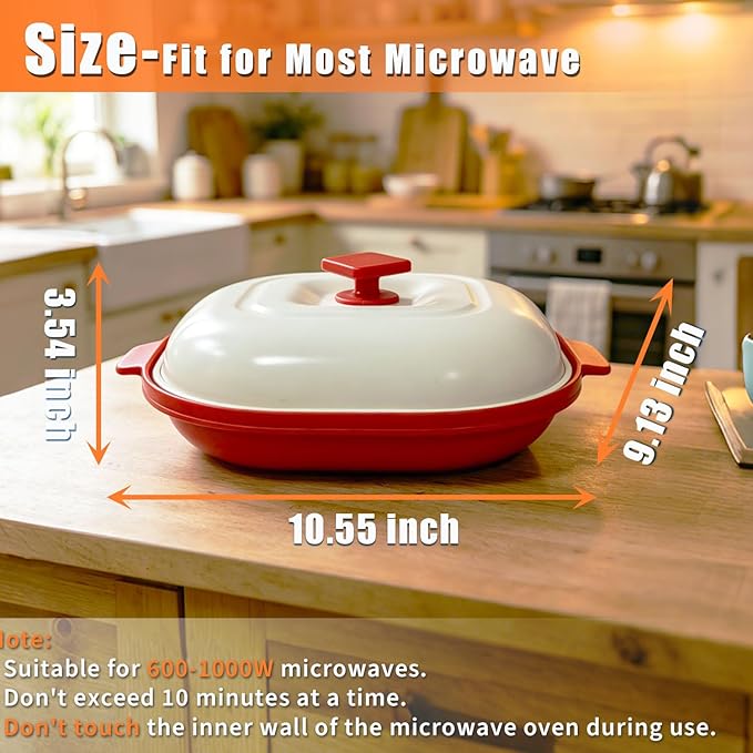 AHJ Microwave Grill Pan with Lid, Microwave Cooker Multi-Use for Grilling, Frying, Browning and Crisping, Microwave Griller & Crisper Pan for Grill Meat, Sandwich, Vegetable, Egg, Potatoes (Red)
