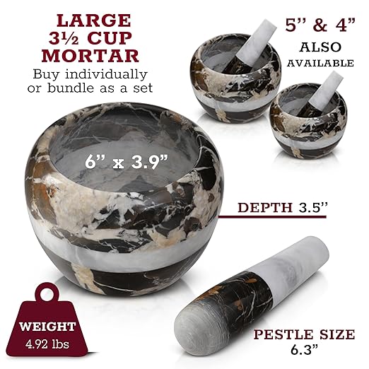 Gusto Nostro Natural Marble Mortar and Pestle Set | 6 Inch - 3.5 Cup Extra Large Mortar Pestle Set for Grinding Herbs, Nuts, Grains | Pesto Grinding and Guacamole Stone Bowl | Marble Spice Crusher