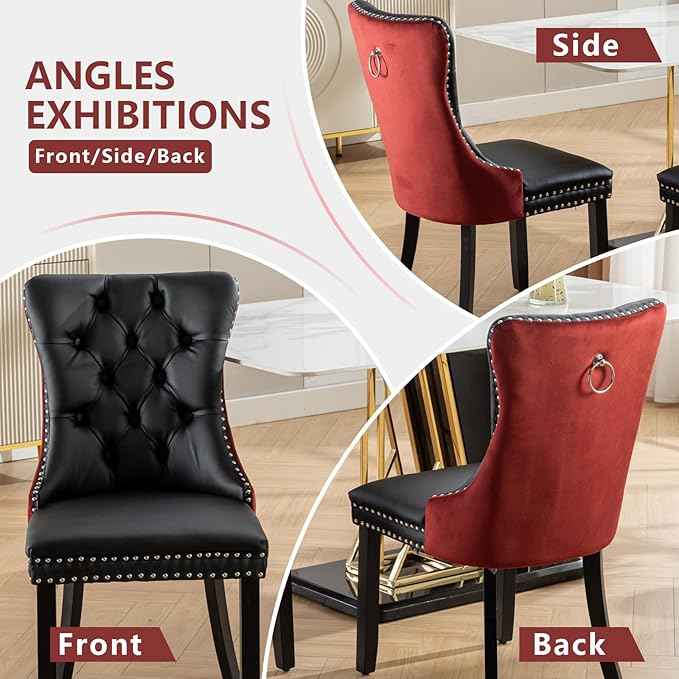 Dining Chairs Set of 2, Upholstered Dining Room Chairs with Back Ring Pull Trim and Solid Wood Legs, Modern Tufted Kitchen Chairs Perfect for Dining Room, Black Pu Leather Splicing WineRed Velvet