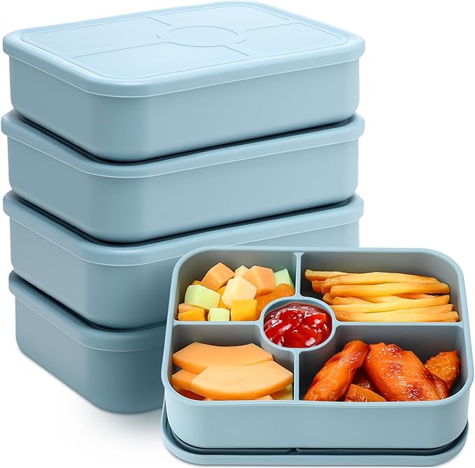 Jingmore 4 Pack Silicone Bento Boxes for Adults, 5 Compartment Reusable Lunch Containers with Sauce Section, Leakproof Meal Prep Snack Box Microwave & Dishwasher Safe for Office(Blue)
