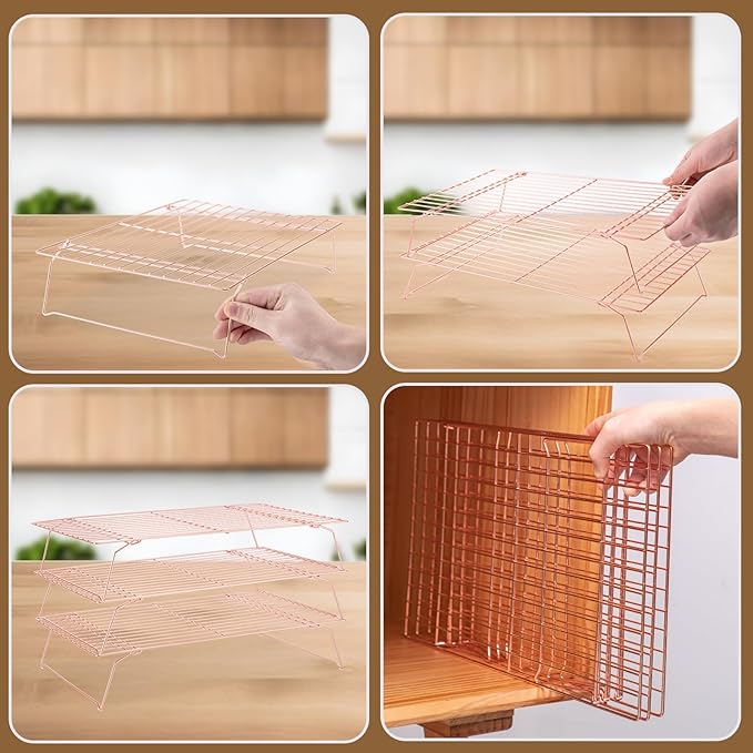 Cooling Rack for Baking 3 Tiers, 16" x 10" Cookie Cooling Wire Rack Stackable Collapsible Nonstick, Stainless Steel Baking Cooking Cooling Racks with Optimum Air Flow, Rose Gold