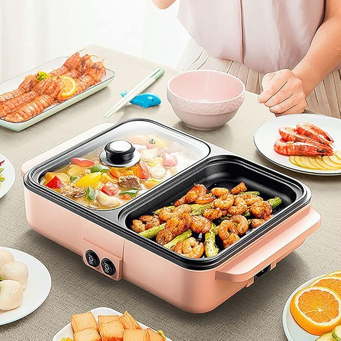 CNCEST 2 in 1 Portable Electric Hot Pot Barbecue Grill Non-Stick Teppanyaki Pan 110V Indoor Hotpot Grill Korean BBQ Combo (Pink)