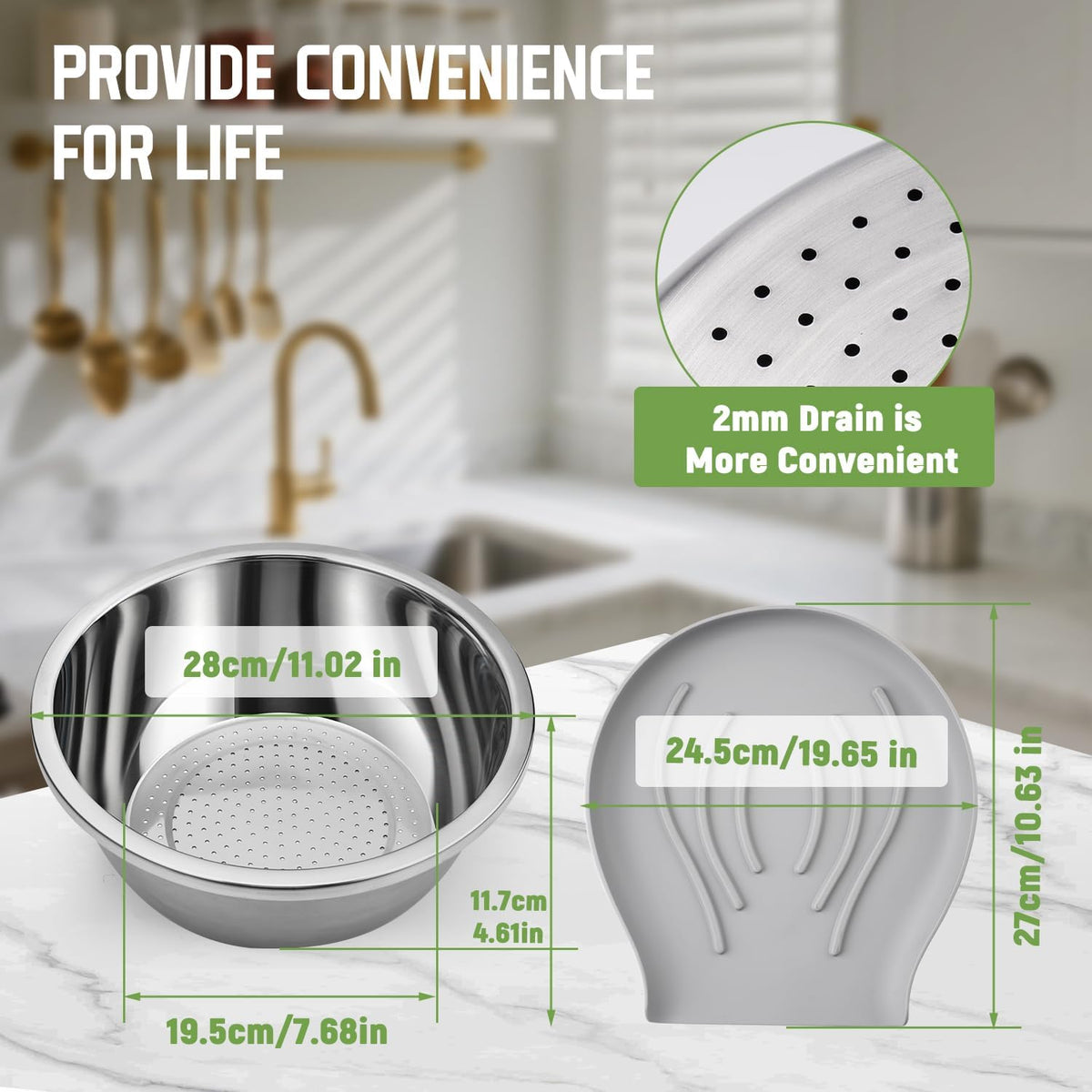 304 Stainless Steel Colander with Self-Draining Base, Goldusk 5QT Food-Grade Silicone Base Large Colander Strainer for Kitchen Pasta Strainer Washing Bowl for Pasta Rice Fruits Vegetables