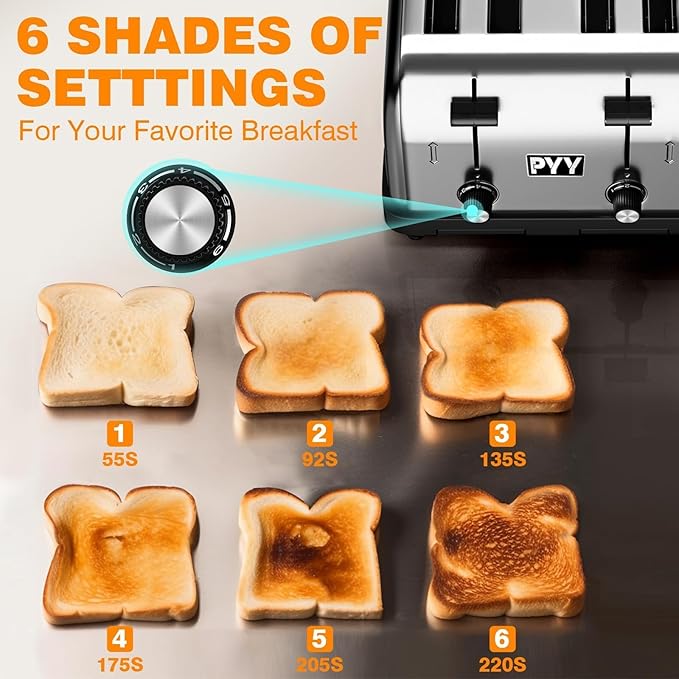 PYY Commercial Toaster 4 Slices - 225 Slices/Hour Stainless Steel Silver Bread Toaster, 1800W with 6 Speed Level, Dual Controls and Removable Crumb Tray, for Family and Commercial