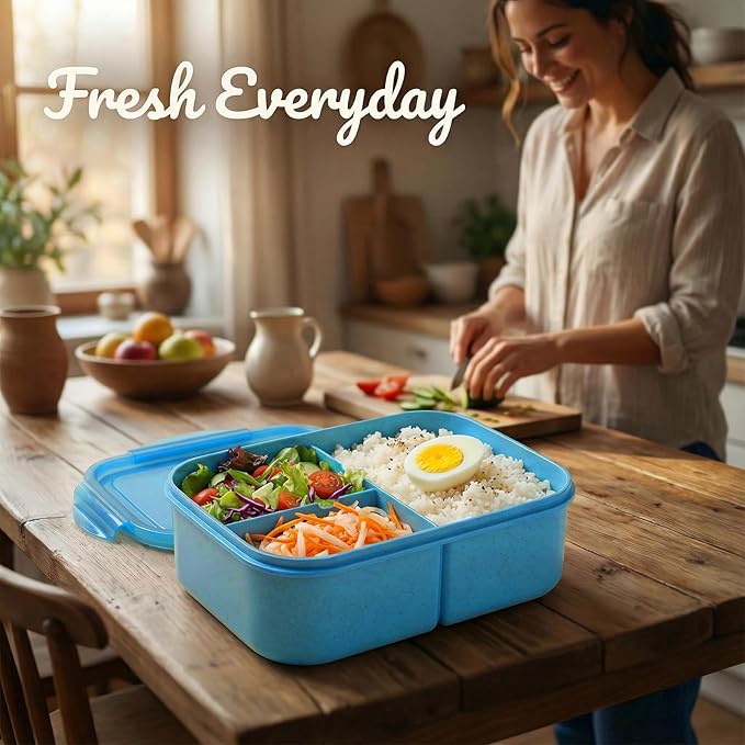 MISS BIG® Bento Box Adults–Portable Lunch Box with Compartments,Leak-Resistant Wheat Material Lunch Container for Meal Prep, Work, office,Picnic,Home - Microwave & Dishwasher Safe (1900ml Nile Blue)