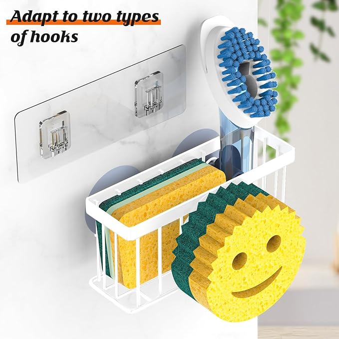 Sponge Holder Smiley Face,Sink Caddy,Kitchen Organizer with 2 Suction Cups/1 Adhesive Strips,Designed for Sponge,Soap,Dish Brush,Scrubber - White