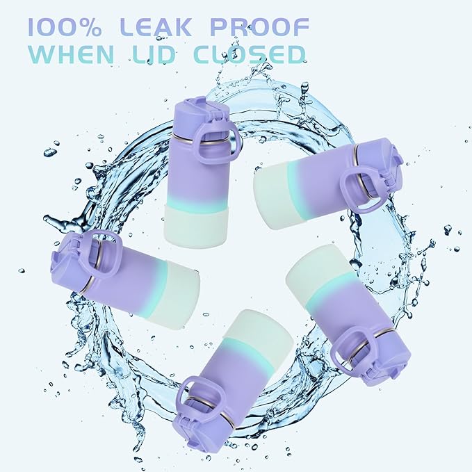 Volhoply 14oz KIds Stainless Steel Insulated Leakproof Bottles Water Bottle with Straw Lid and Silicone Boot,BPA-Free Easy Use for Boys&Girls,Double Wall Vacuum Bottles(Purple Blue,1)