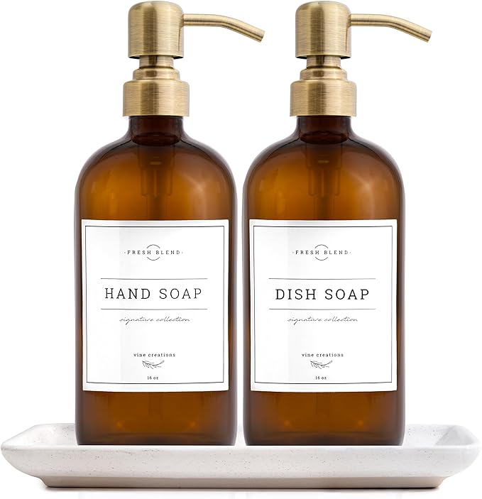 Vine Creations Amber Glass Soap Dispenser, 2 Pack Kitchen Soap Dispenser Set with Ceramic Tray, Stainless Steel Pump, Dish Soap and Hand Soap Dispensers for Bathroom Decor with Waterproof Labels