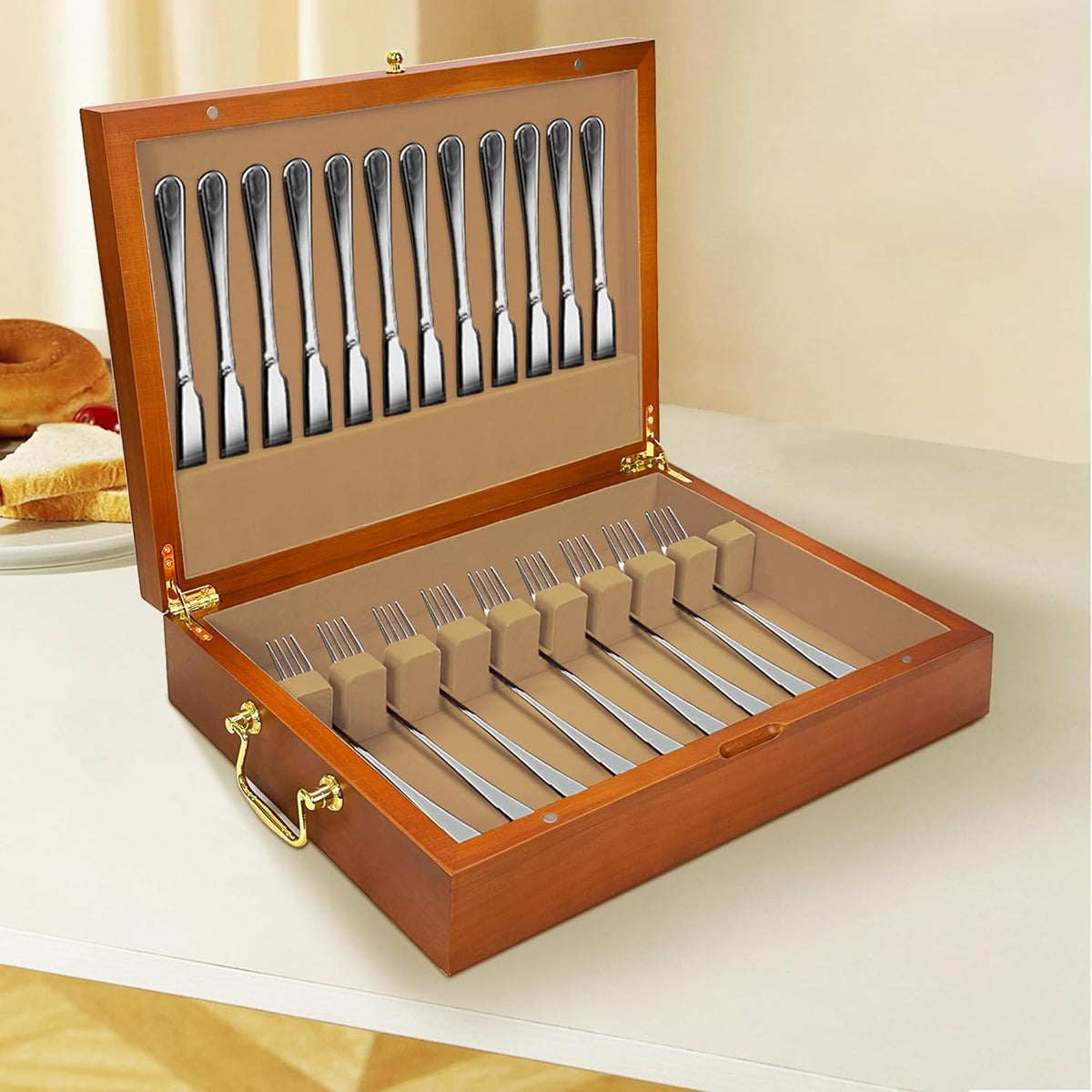 Silverware Storage Box Solid Wood with Lid, Silverware Organizer with Handle and Felt Lined, Silverware Storage Chest for Flatware and Utensils Home Decor Gift, Chest for Flatware Setting Up 15