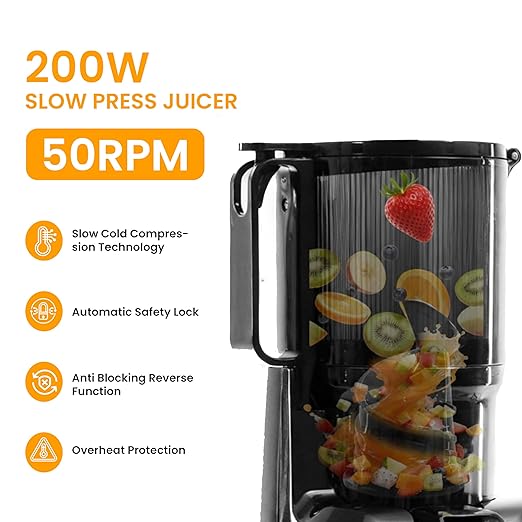 HealSmart Cold Press Juicer, Slow Masticating Juicer Machines with Wide Feed Chute, Fits Whole Fruits and Vegetables, High Juice Yield, BPA Free, Easy to Clean, Black