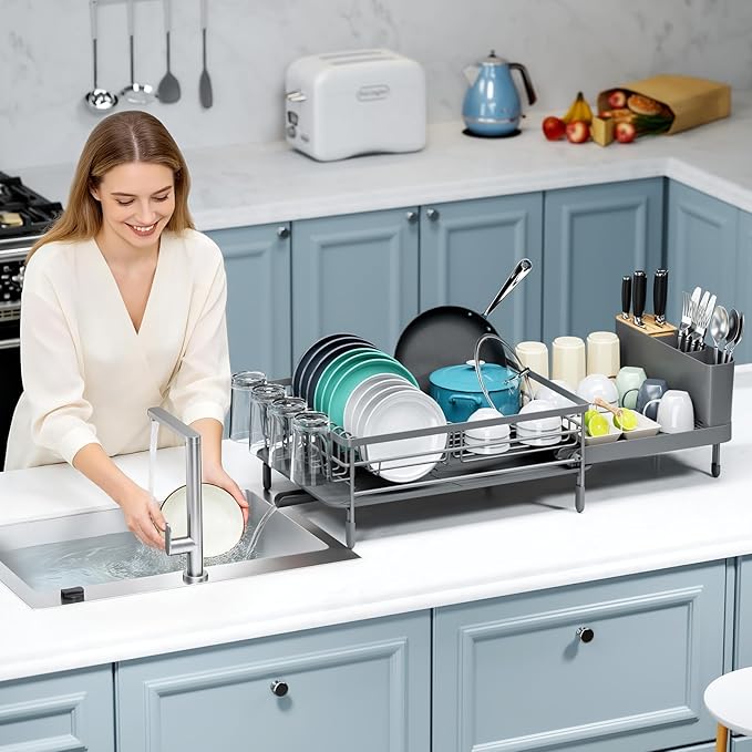 Urackify Large Dish Drying Rack, Expandable Dish Racks for Kitchen Counter, Multifunctional Dish Drainer with Utensil Holder & Cup Holder, 18.5"-26.7" L x 12.7" W, Gray