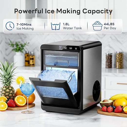 Kismile Nugget Ice Maker Countertop Ice,44LBS/24H,10 Mins Fast Ice Making,1.8L Front Pull-Out Water Tank,Self-Cleaning, Perfect for Home Kitchen&RV&Camping&Office