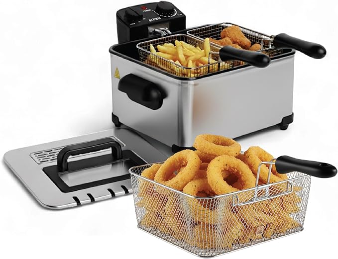 Alpha Living Electric Deep Fryer – 4.5L Deep Fryer with Basket with 2-Quart and 4-Quart Baskets – High-Grade Stainless Steel – Temperature Control and Timer – Ideal for Fried Chicken, Fries
