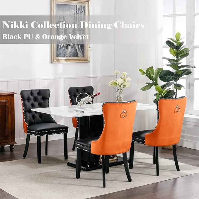 Dining Chairs Set of 6, Upholstered Dining Room Chairs with Back Ring Pull Trim and Solid Wood Legs, Modern Tufted Kitchen Chairs Perfect for Dining Room, Black Pu Leather Splicing Orange Velvet