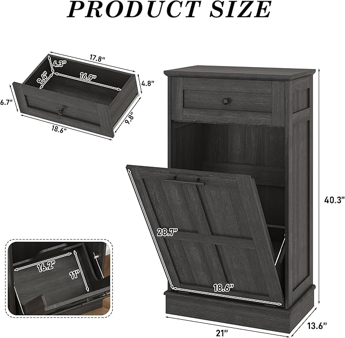 chartustriable Farmhouse Tilt-Out Trash Can Cabinet,13 Gallon Laundry Hamper with Drawers, Wooden Hidden Garbage Can Cabinet w/Storage for Kitchen & Living Room, Dark Grey