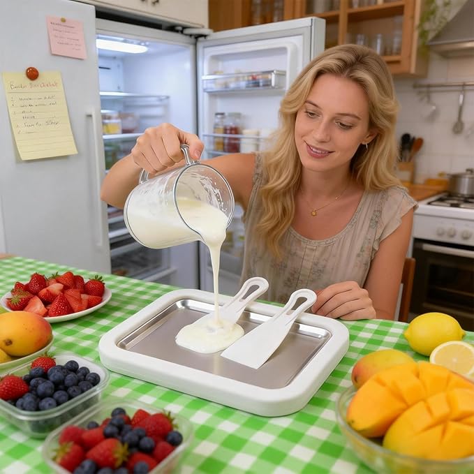Rolled Ice Cream Maker, New At-Home Ice Cream Roller Maker, DIY Fun Family Activity Instant Ice Cream Tray with Instant Freeze Tray and 2 Scrapers(White+Green)