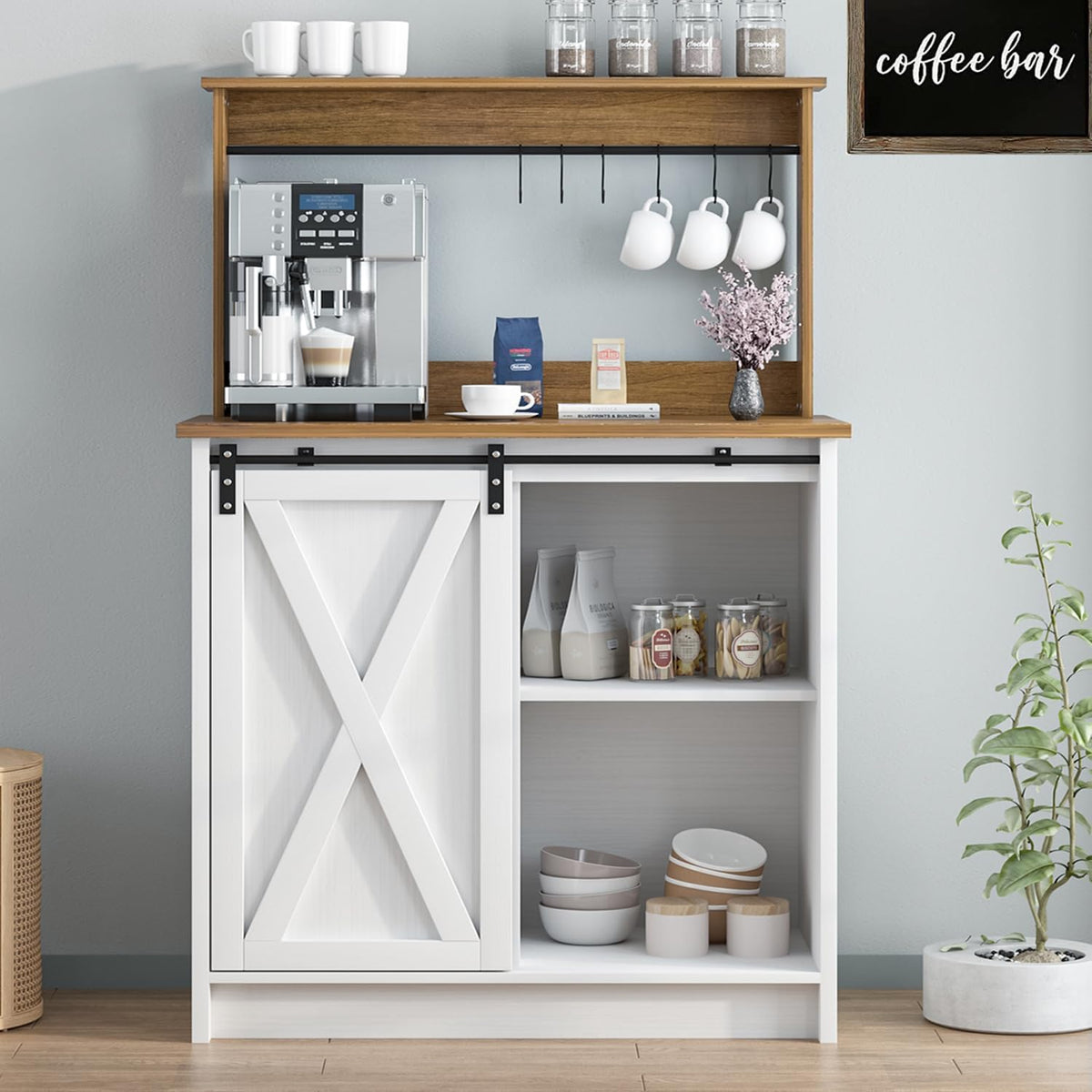 Farmhouse Coffee Bar with Hutch, White Coffee Bar Cabinet with Storage Sliding Barn Door, 31 Inch Buffet Cabinet with 6 Hooks, Coffee Bar Table with Adjustable Shelves for Living Dining Room