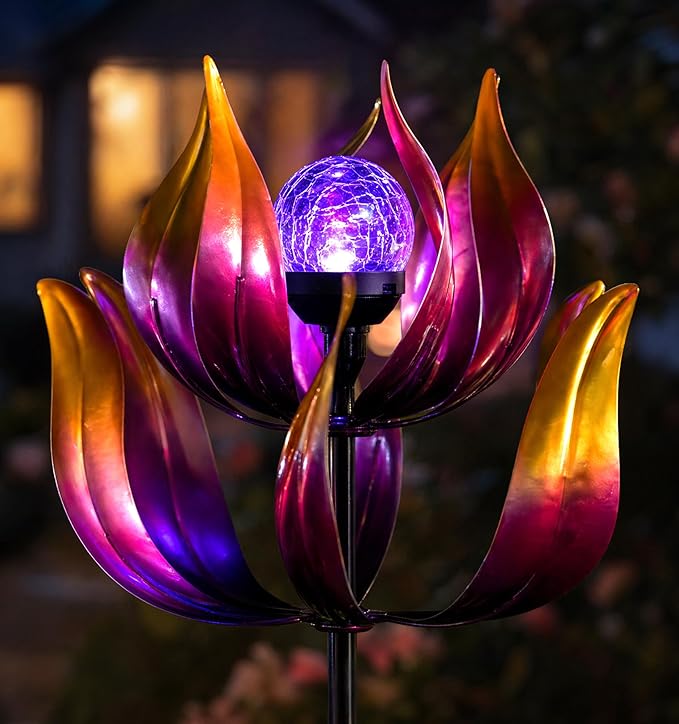 Solar Wind Spinner Outdoor Metal Decor - 61" Tall Lotus Kinetic Yard Art with Color-Changing Crackle Glass LED Light, Dual-Directional Wind Catcher Lawn Ornament for Garden, Patio & Yard Gift