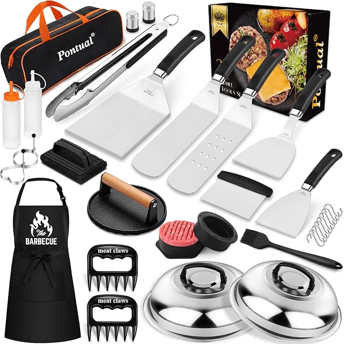 31PCS Griddle Accessories Kit for Blackstone, Flat Top Hibachi Grill Spatula Set with 2 Melting Domes, Burger Press, Patty Maker and Apron, Professional Teppanyaki Tools Gifts for Outdoor BBQ