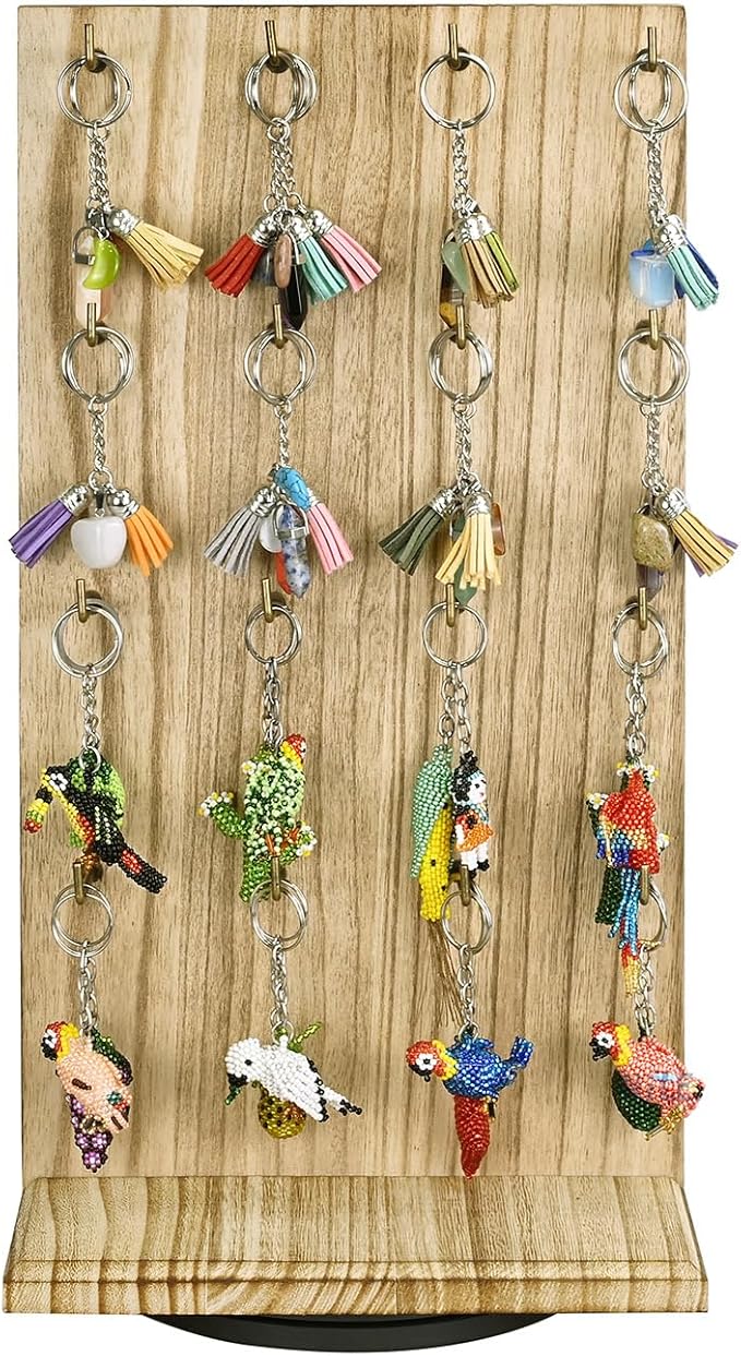 Ikee Design Wooden Rotating Two-Sided Jewelry Display Stand, Rotating Organizer with 32 Long Hooks for Store, Keychain Earring Display, Oak Color, 9.1W x 7.5 D x 17.1 H in