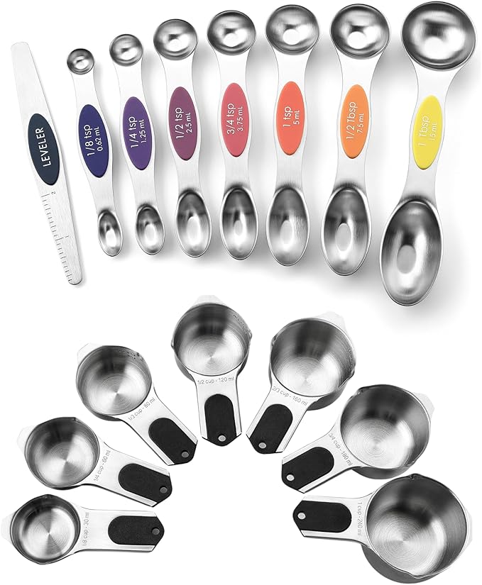 Spring Chef Dual Sided Magnetic Measuring Spoons Set, Mountain Sunrise, Set of 8 & Stainless Steel Magnetic Measuring Cups, Set of 7, Black - 2 Product Bundle